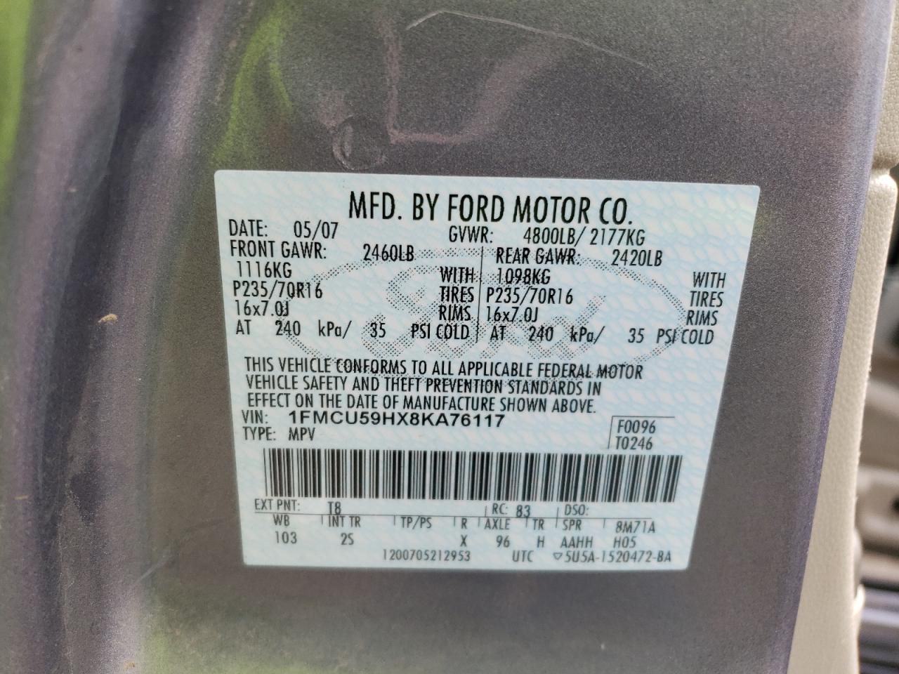 2008 Ford Escape VIN 1FMCU59HX8KA76117 Copart auction photo, frame damage damage thumbnail 12