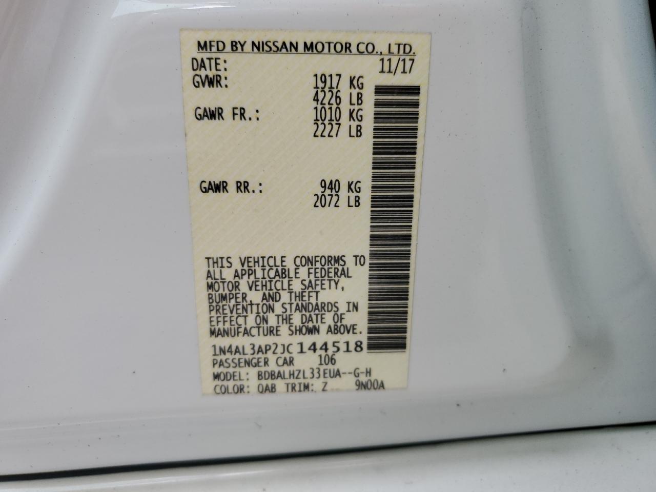 2018 Nissan Altima VIN 1N4AL3AP2JC144518 Copart auction photo, water/flood damage thumbnail 11