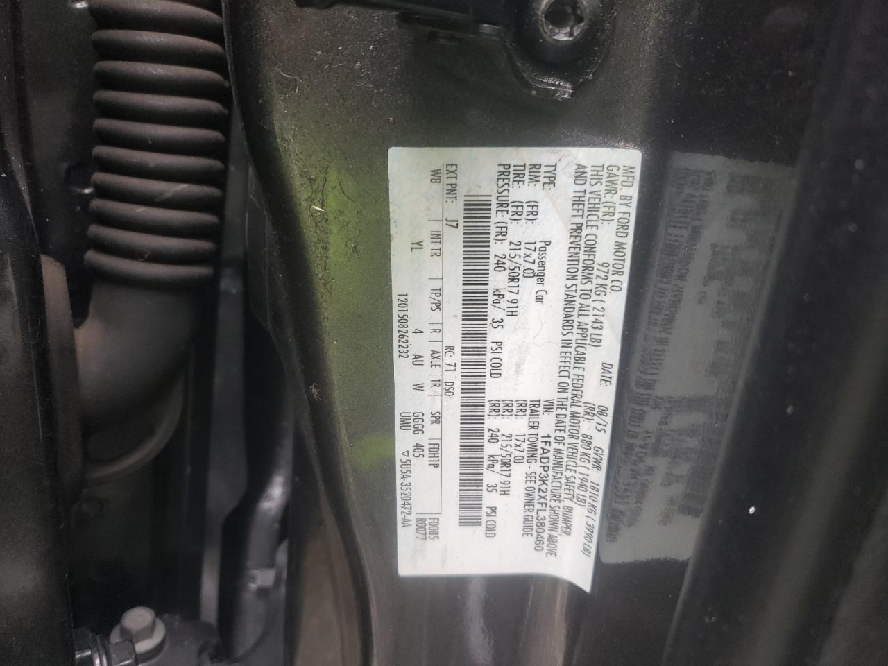 2015 Ford Focus VIN 1FADP3K2XFL380460 Copart auction photo, side / front end damage thumbnail 12