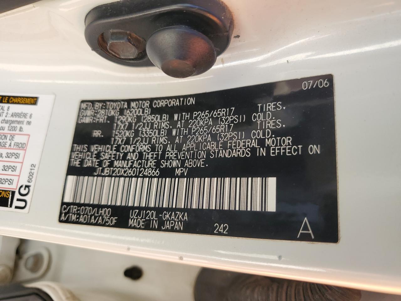 2006 Lexus GX VIN JTJBT20X260124866 Copart auction photo, hail damage thumbnail 13