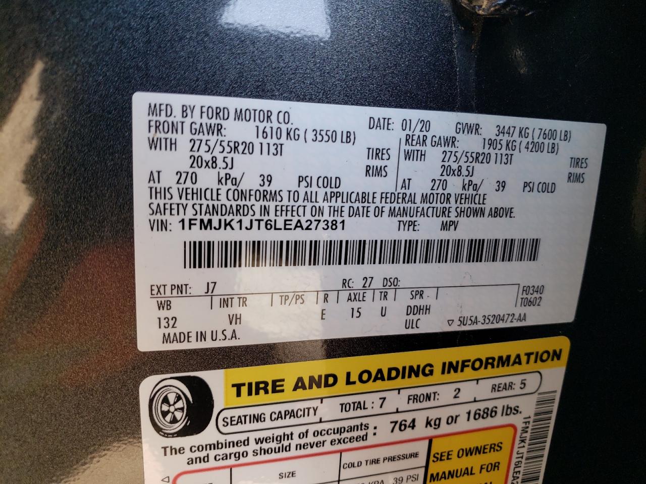 2020 Ford Expedition VIN 1FMJK1JT6LEA27381 Copart auction photo, front end / undercarriage damage thumbnail 13