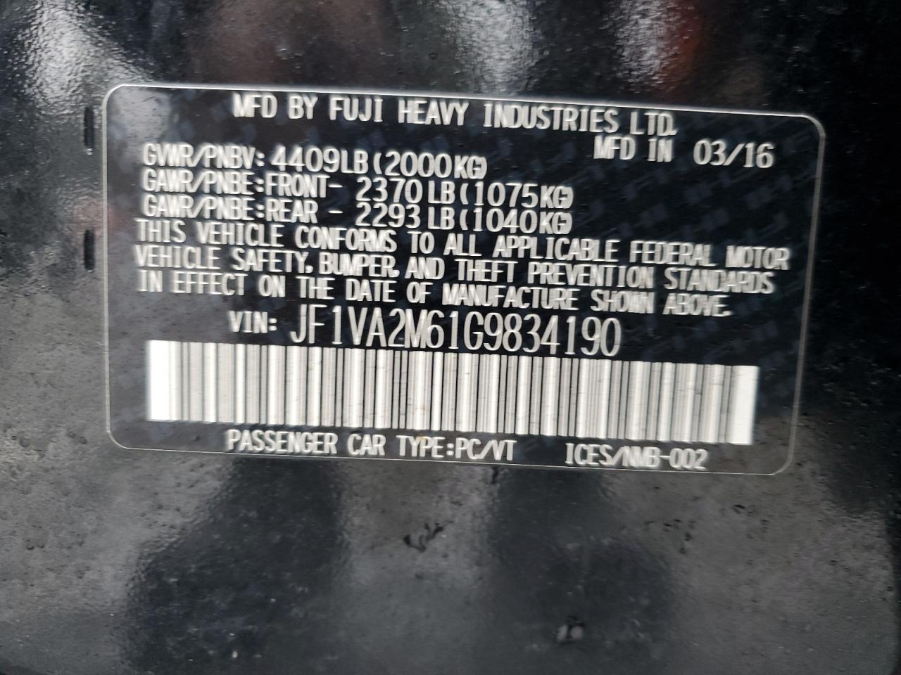 2016 Subaru WRX VIN JF1VA2M61G9834190 Copart auction photo, front end damage thumbnail 12