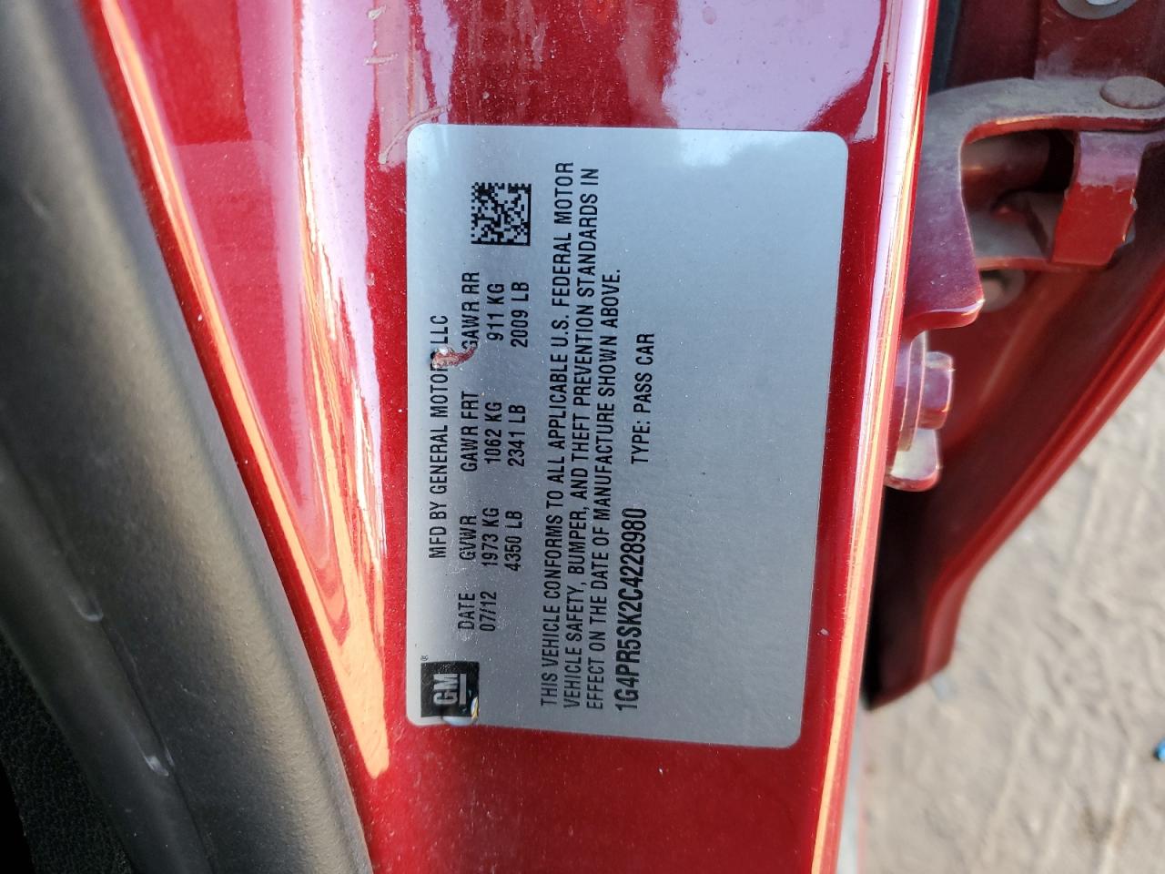 2012 Buick Verano VIN 1G4PR5SK2C4228980 Copart auction photo, mechanical damage thumbnail 12