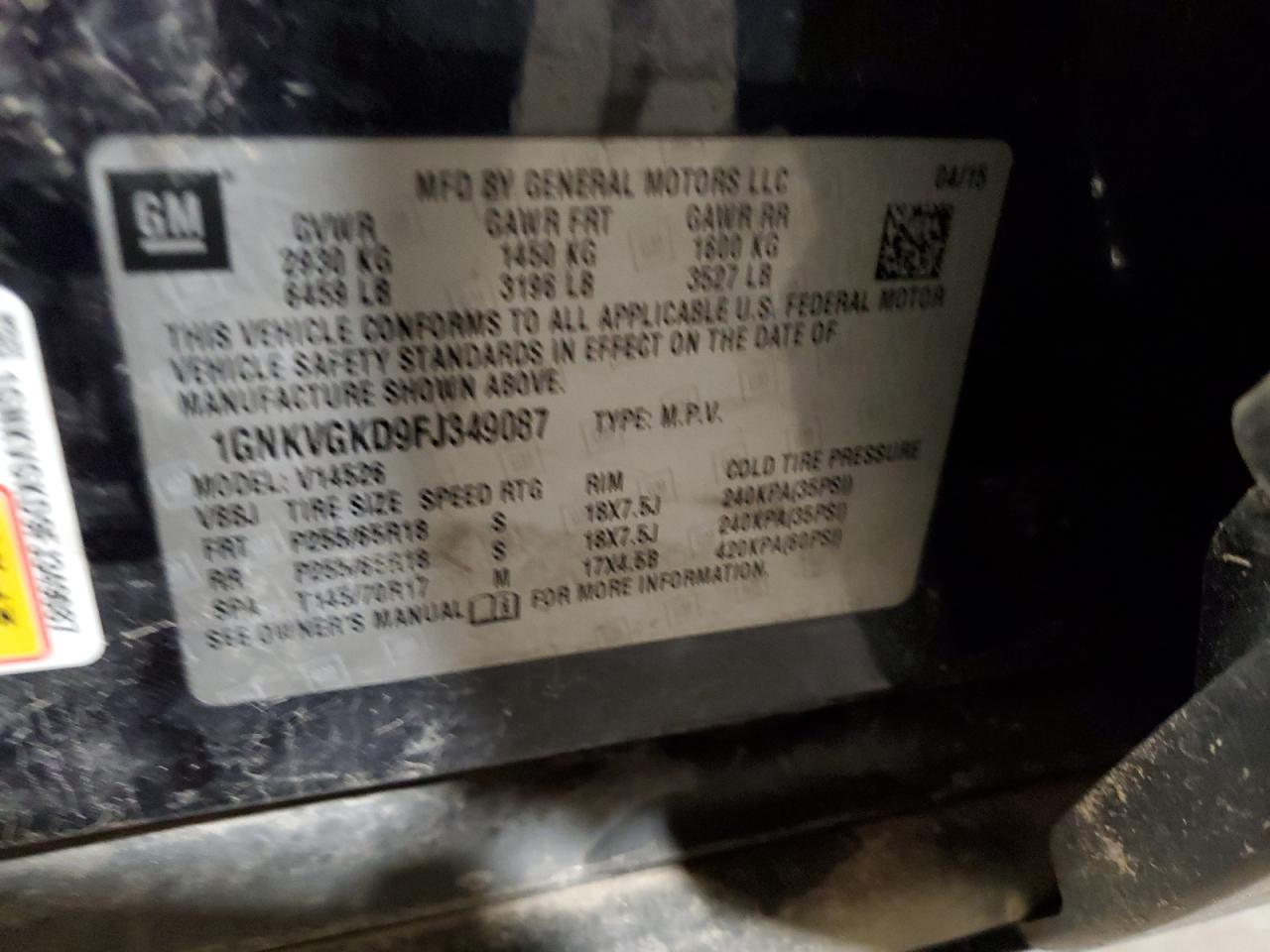 2015 Chevrolet Traverse VIN 1GNKVGKD9FJ349087 Copart auction photo, front end / mechanical damage thumbnail 13