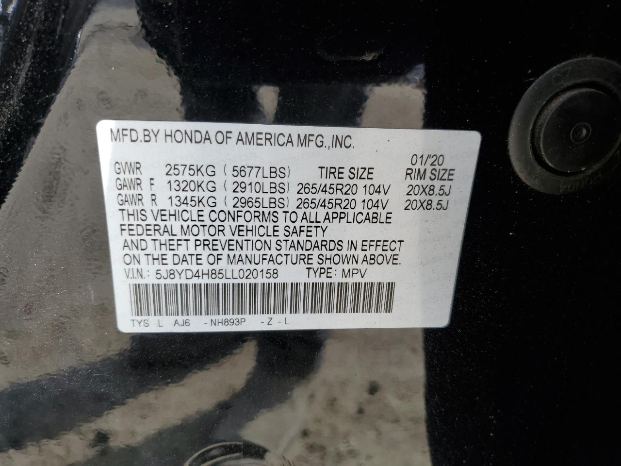 2020 Acura MDX VIN 5J8YD4H85LL020158 Copart auction photo, side damage thumbnail 13