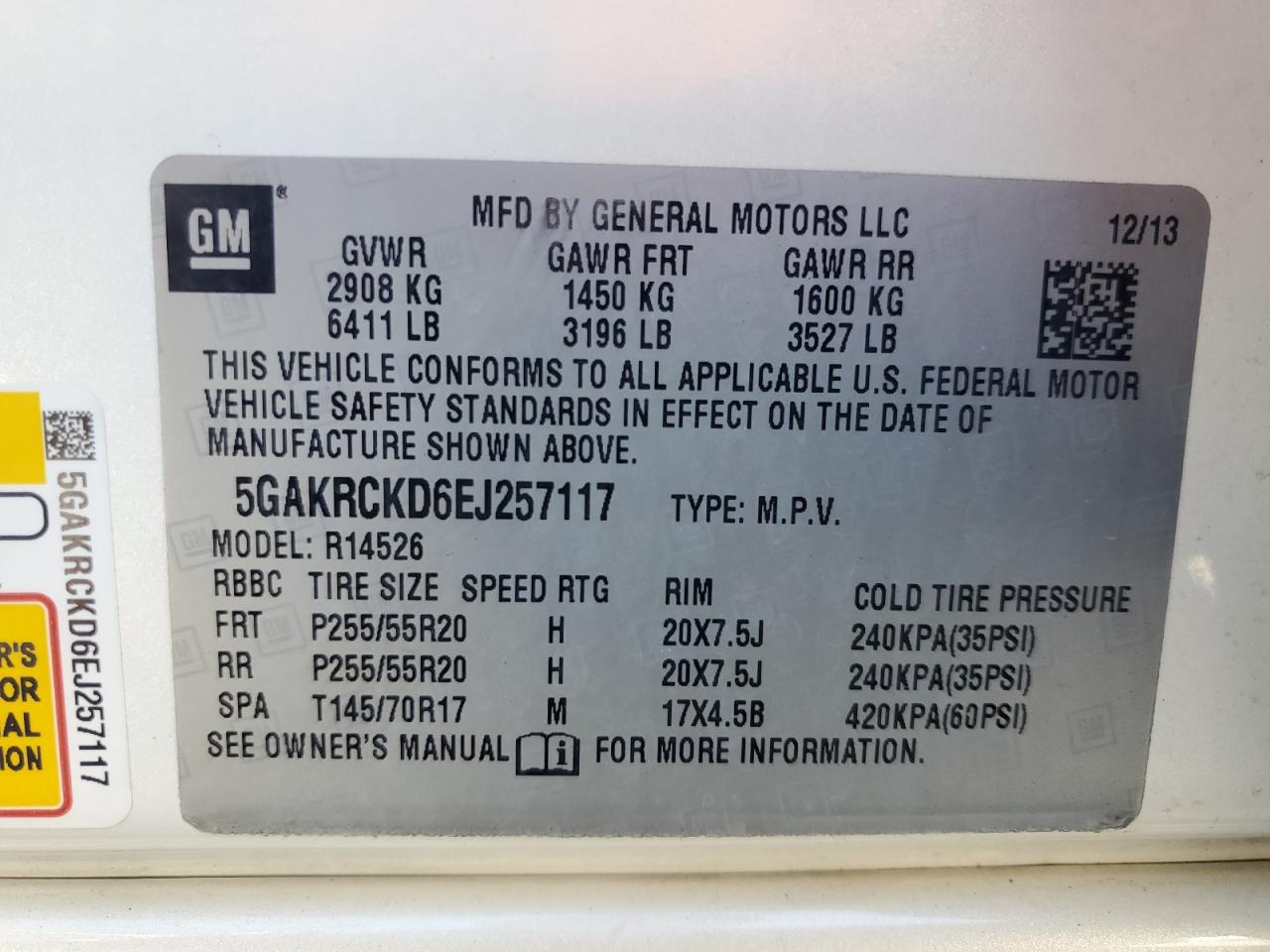 2014 Buick Enclave VIN 5GAKRCKD6EJ257117 Copart auction photo, front end / minor dent/scratches damage thumbnail 15
