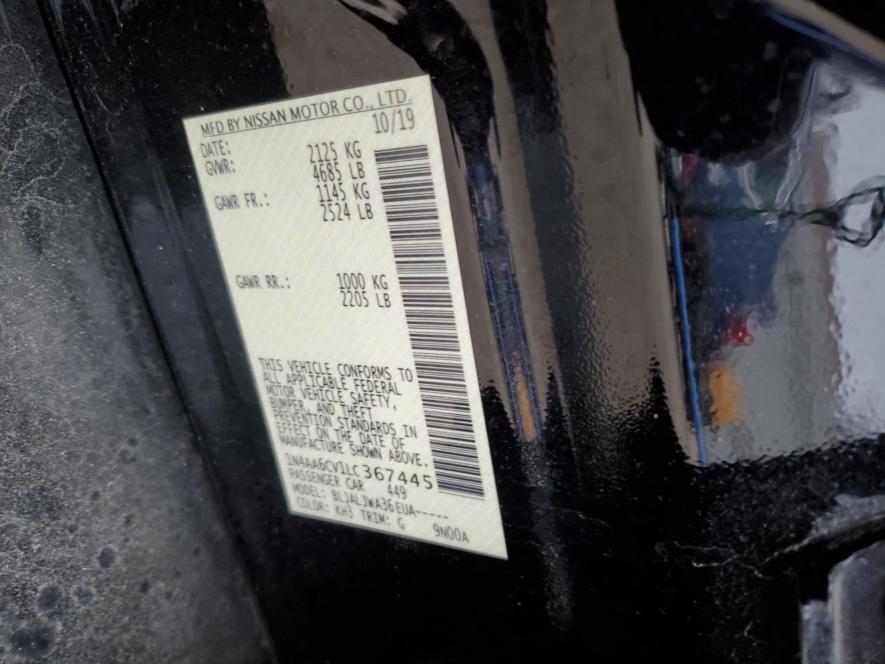 2020 Nissan Maxima VIN 1N4AA6CV1LC367445 Copart auction photo, front end / side damage thumbnail 14
