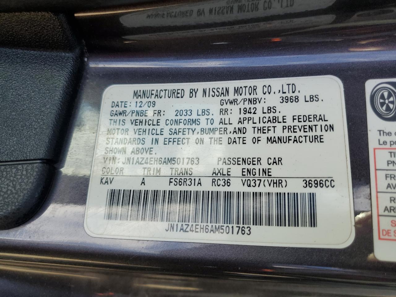 2010 Nissan 370Z VIN JN1AZ4EH6AM501763 Copart auction photo, rear end / minor dent/scratches damage thumbnail 12