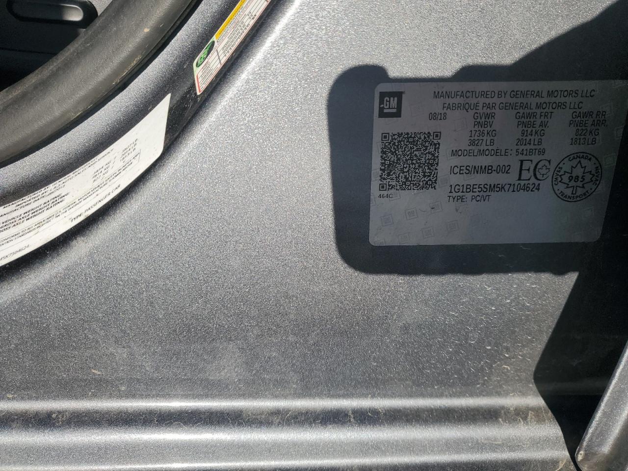 2019 Chevrolet Cruze VIN 1G1BE5SM5K7104624 Copart auction photo, front end / minor dent/scratches damage thumbnail 13