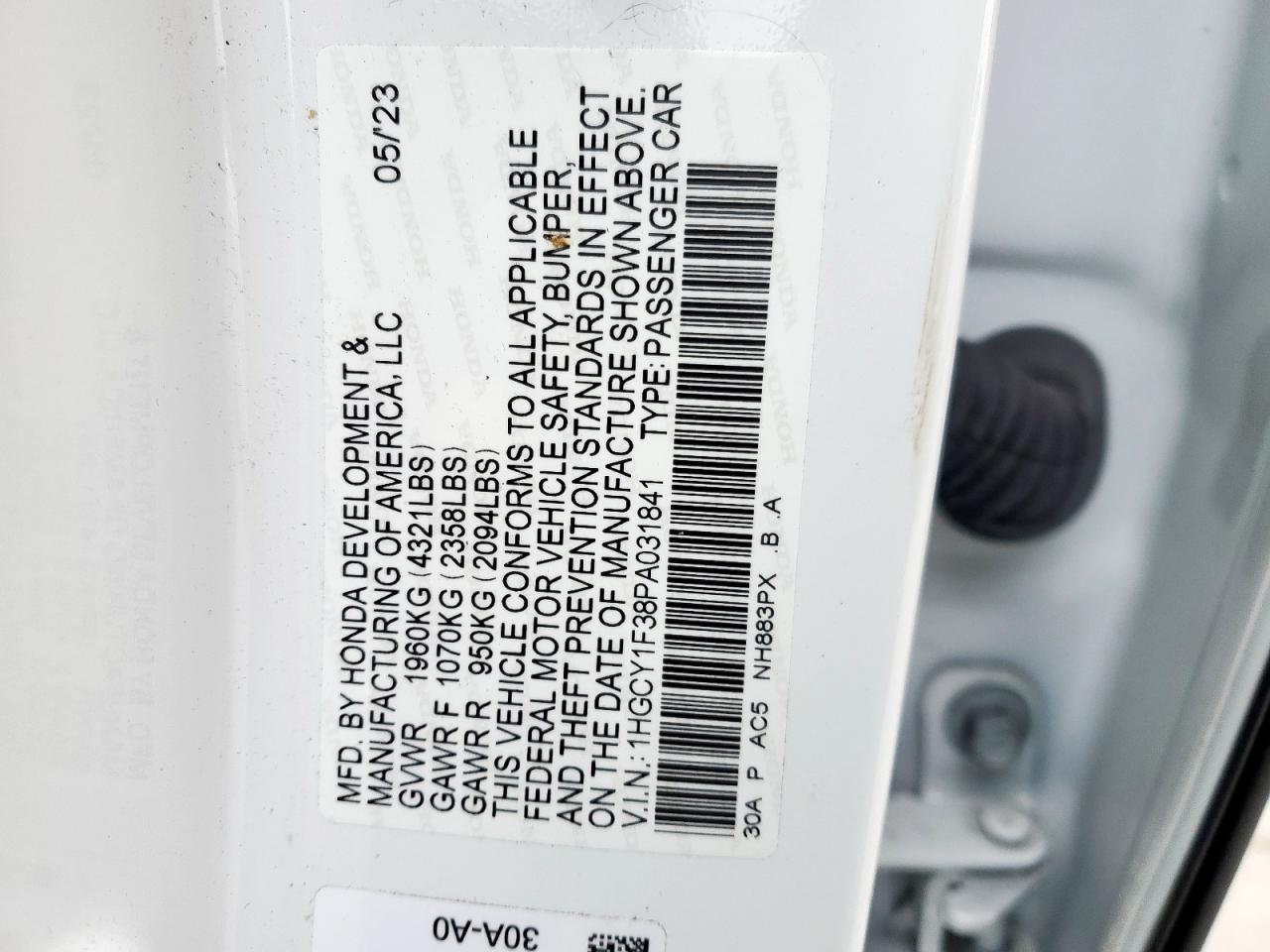 2023 Honda Accord VIN 1HGCY1F38PA031841 Copart auction photo, rear end damage thumbnail 13
