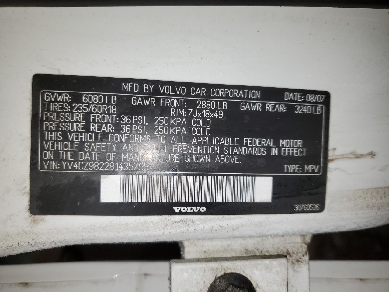 2008 Volvo XC90 VIN YV4CZ982281435795 Copart auction photo, burn / front end damage thumbnail 13