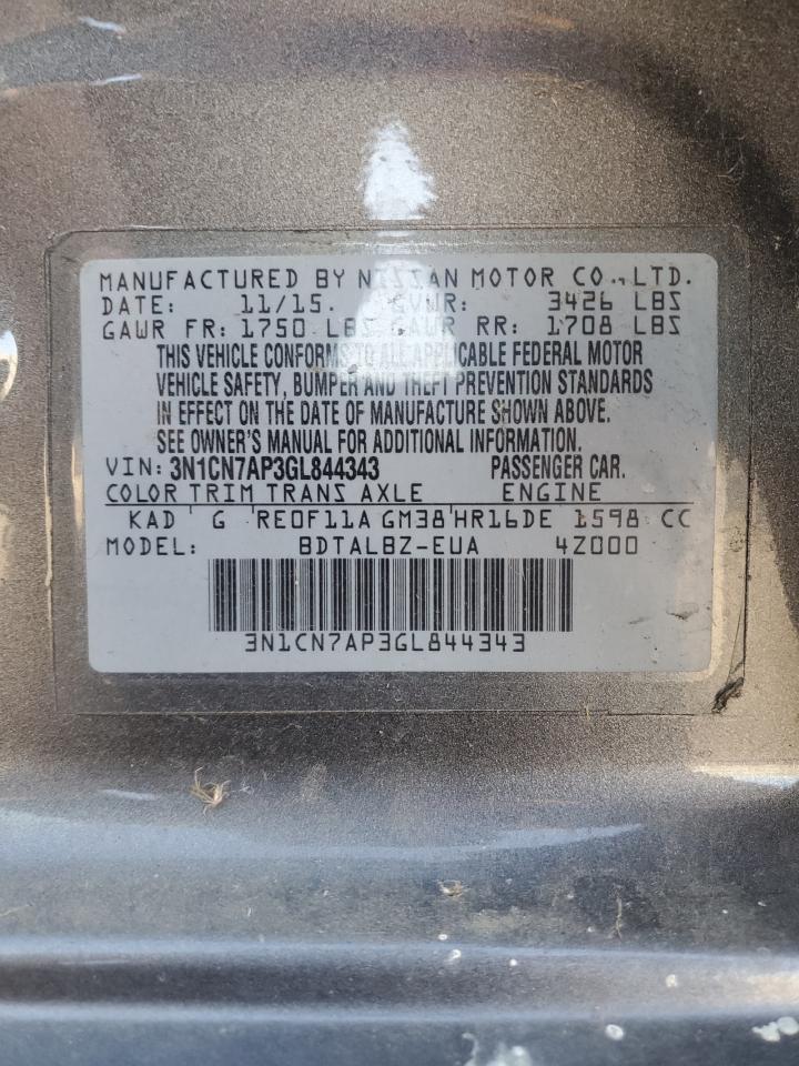 2016 Nissan Versa VIN 3N1CN7AP3GL844343 Copart auction photo, normal wear damage thumbnail 12