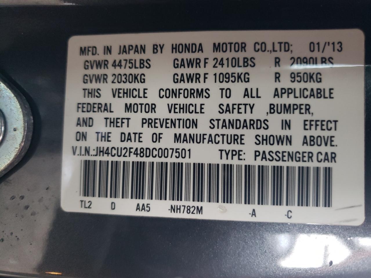 2013 Acura TSX VIN JH4CU2F48DC007501 Copart auction photo, all over damage thumbnail 12