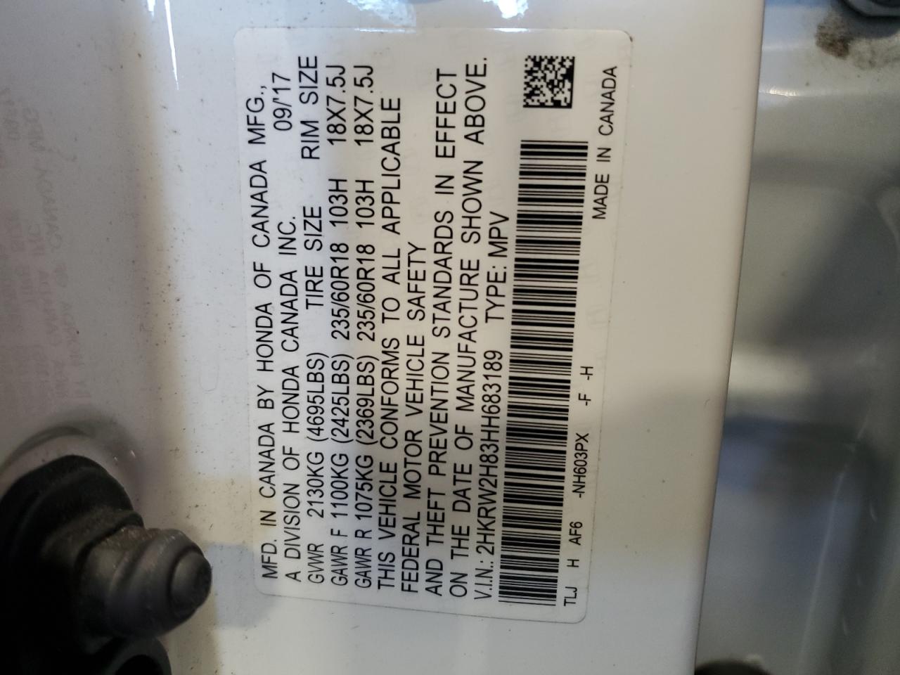 2017 Honda CR-V VIN 2HKRW2H83HH683189 Copart auction photo, side / front end damage thumbnail 13