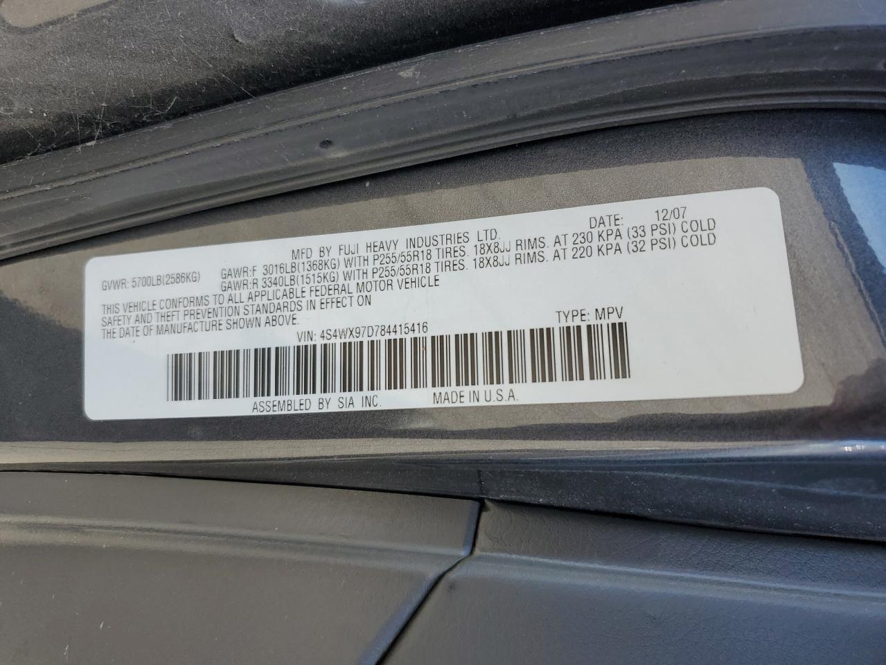 2008 Subaru Tribeca VIN 4S4WX97D784415416 Copart auction photo, frame damage / front end damage thumbnail 15