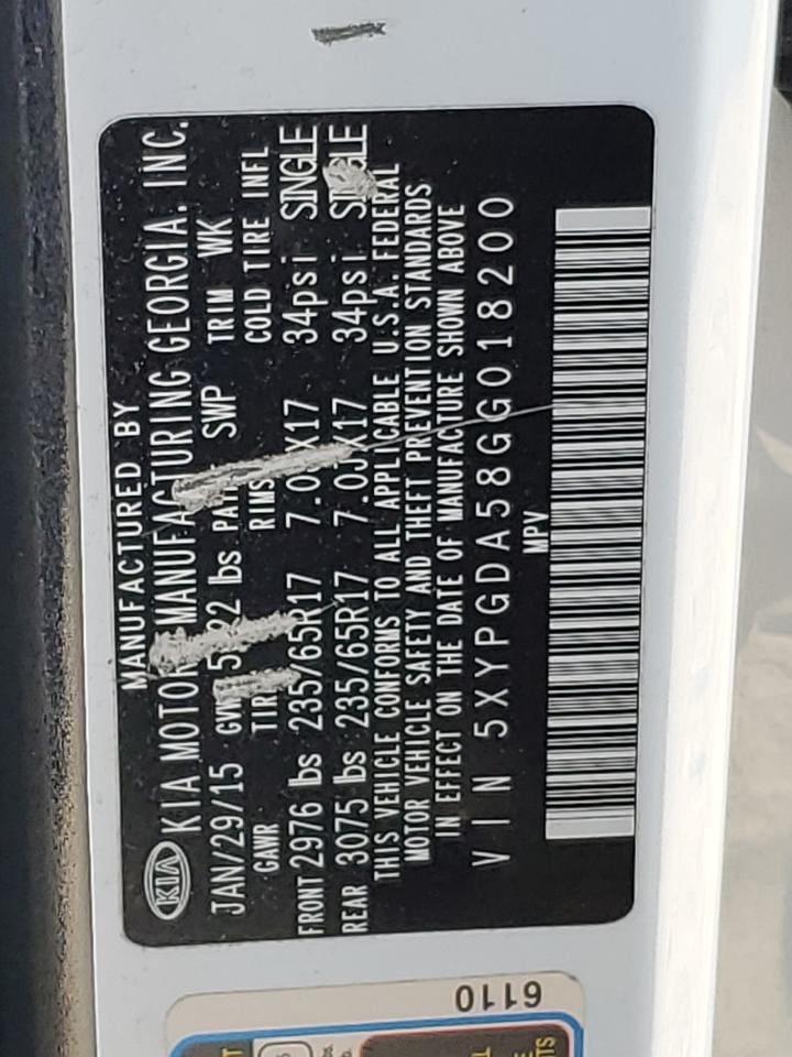 2016 KIA Sorento VIN 5XYPGDA58GG018200 Copart auction photo, front end / mechanical damage thumbnail 13