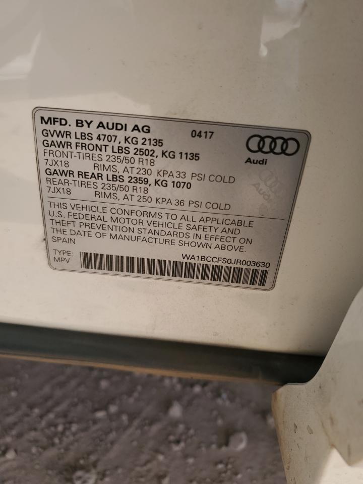 2018 Audi Q3 VIN WA1BCCFS0JR003630 Copart auction photo, front end damage thumbnail 13