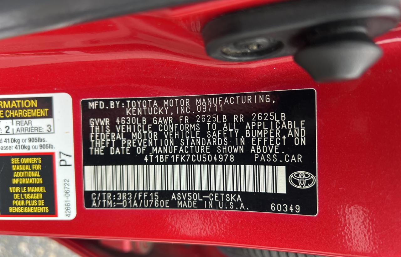 2012 Toyota Camry VIN 4T1BF1FK7CU504978 Copart auction photo, minor dent/scratches / normal wear damage thumbnail 10