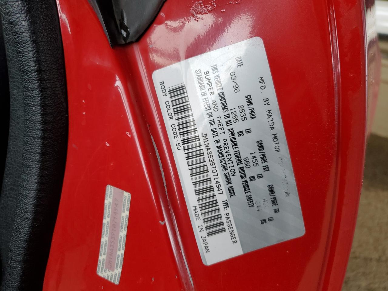 1996 Mazda MX-5 VIN JM1NA3539T0714947 Copart auction photo, front end damage thumbnail 12