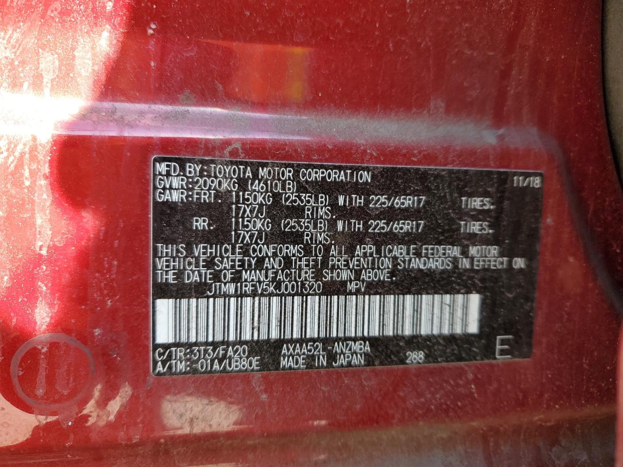 2019 Toyota RAV 4 VIN JTMW1RFV5KJ001320 Copart auction photo, front end damage thumbnail 12