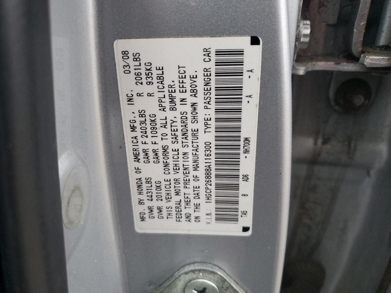 2008 Honda Accord VIN 1HGCP26888A116300 Copart auction photo, front end / minor dent/scratches damage thumbnail 12