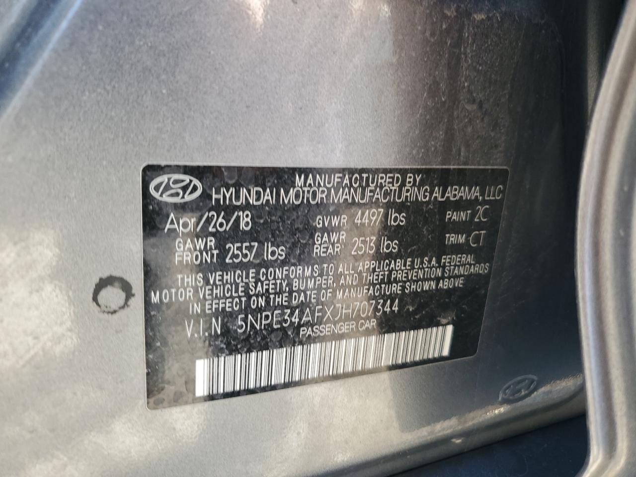 2018 Hyundai Sonata VIN 5NPE34AFXJH707344 Copart auction photo, front end / minor dent/scratches damage thumbnail 14