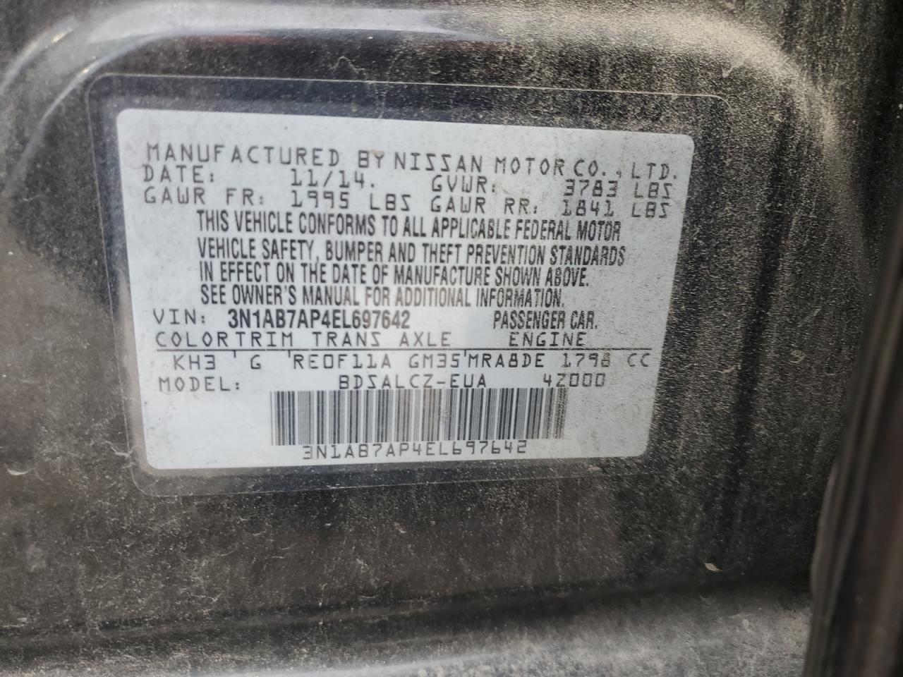 2014 Nissan Sentra VIN 3N1AB7AP4EL697642 Copart auction photo, front end damage thumbnail 12