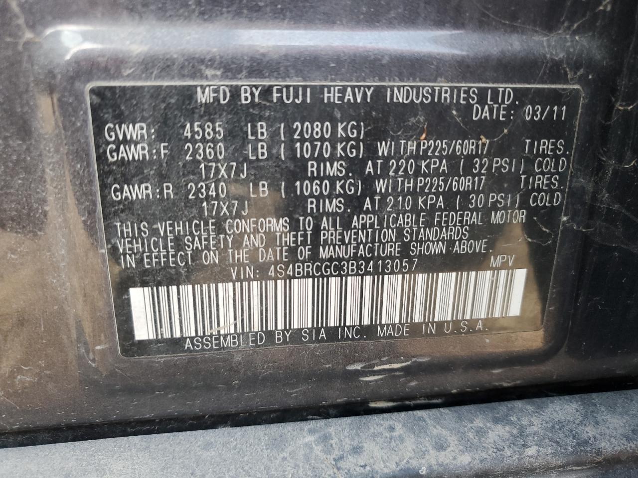 2011 Subaru Outback VIN 4S4BRCGC3B3413057 Copart auction photo, minor dent/scratches damage thumbnail 13