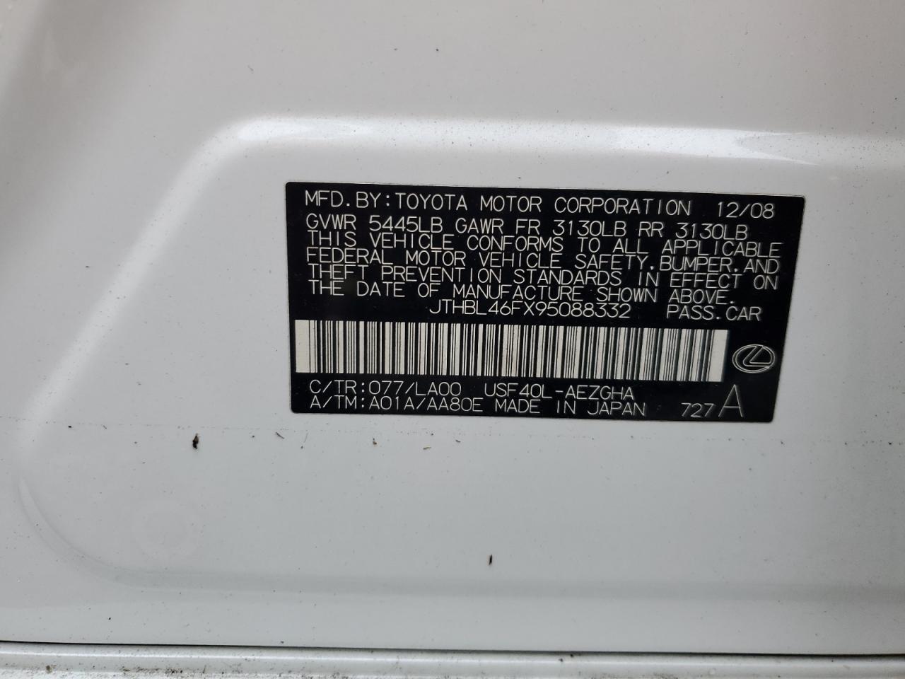 2009 Lexus LS VIN JTHBL46FX95088332 Copart auction photo, water/flood damage thumbnail 12