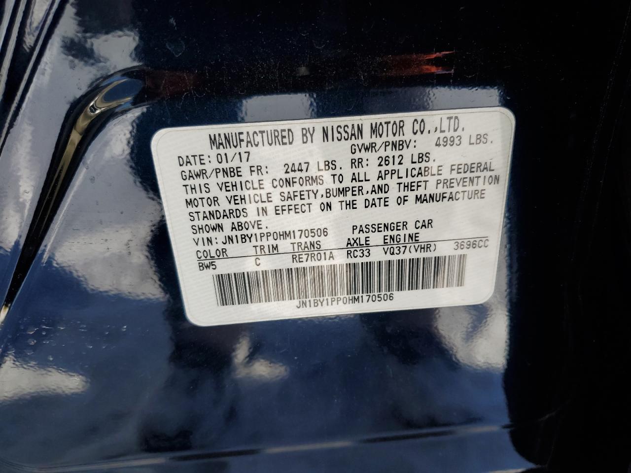 2017 Infiniti Q70 VIN JN1BY1PP0HM170506 Copart auction photo, front end damage thumbnail 12