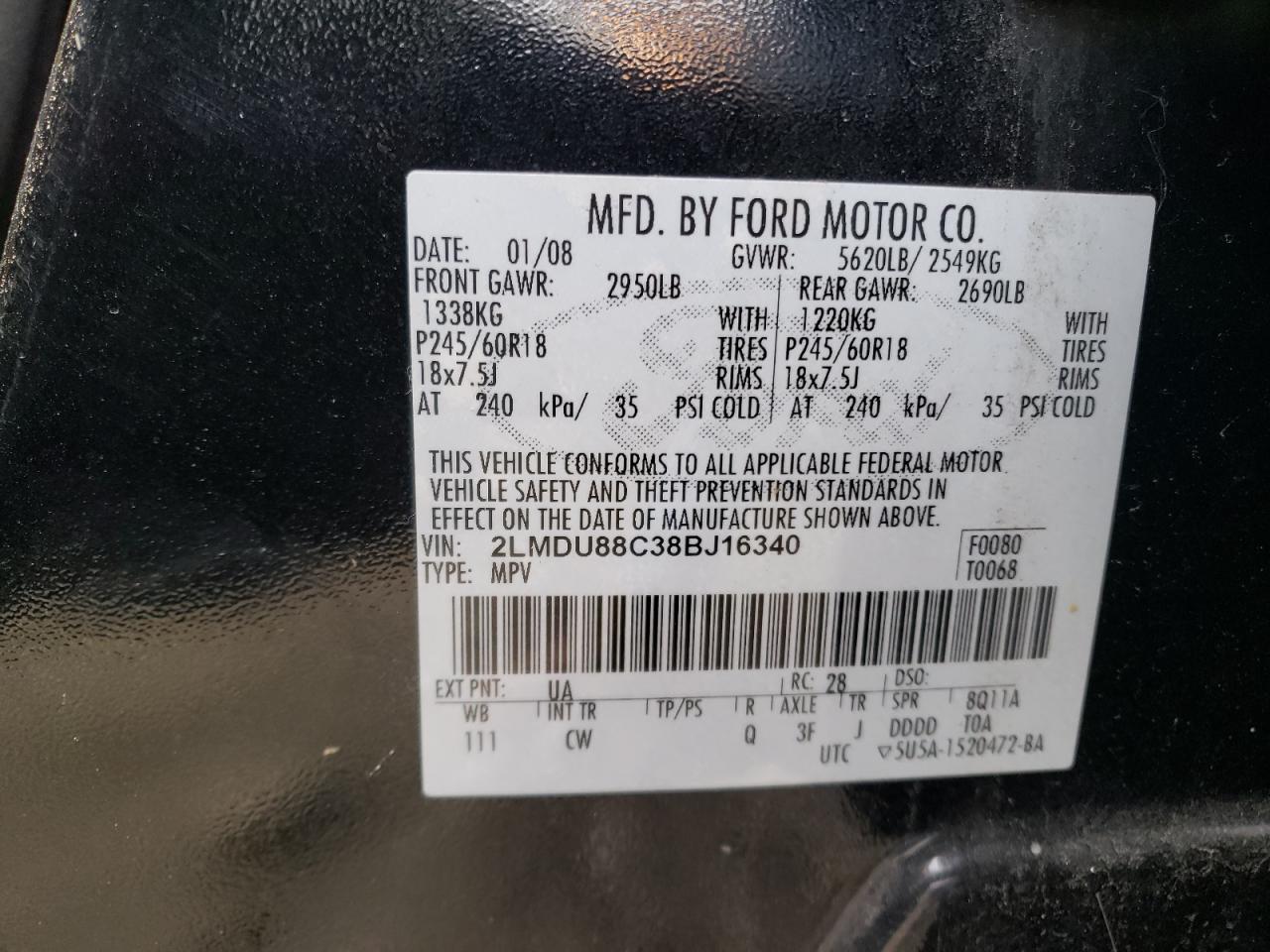 2008 Lincoln MKX VIN 2LMDU88C38BJ16340 Copart auction photo, front end / all over damage thumbnail 13