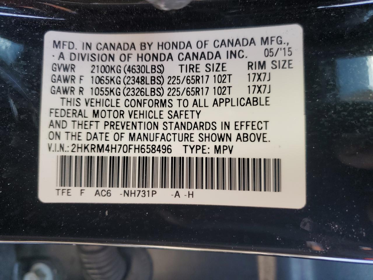 2015 Honda CR-V VIN 2HKRM4H70FH658496 Copart auction photo, rear end / side damage thumbnail 13