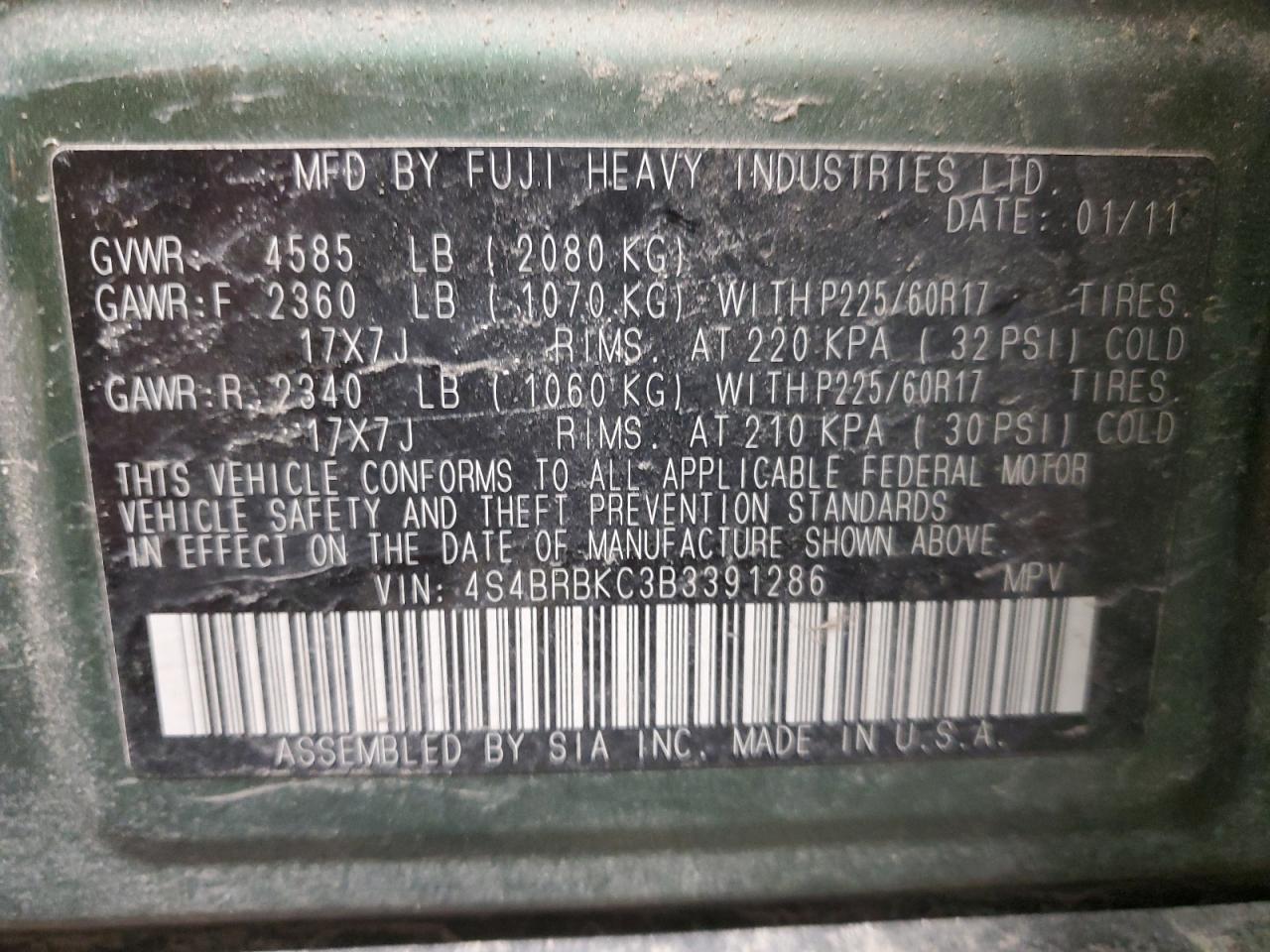 2011 Subaru Outback VIN 4S4BRBKC3B3391286 Copart auction photo, front end / side damage thumbnail 16