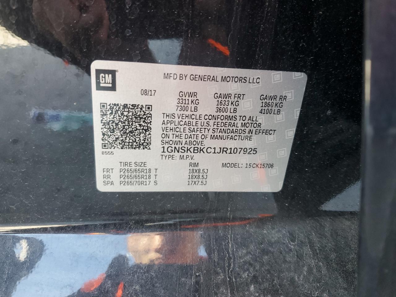 2018 Chevrolet Tahoe VIN 1GNSKBKC1JR107925 Copart auction photo, rear end damage thumbnail 13