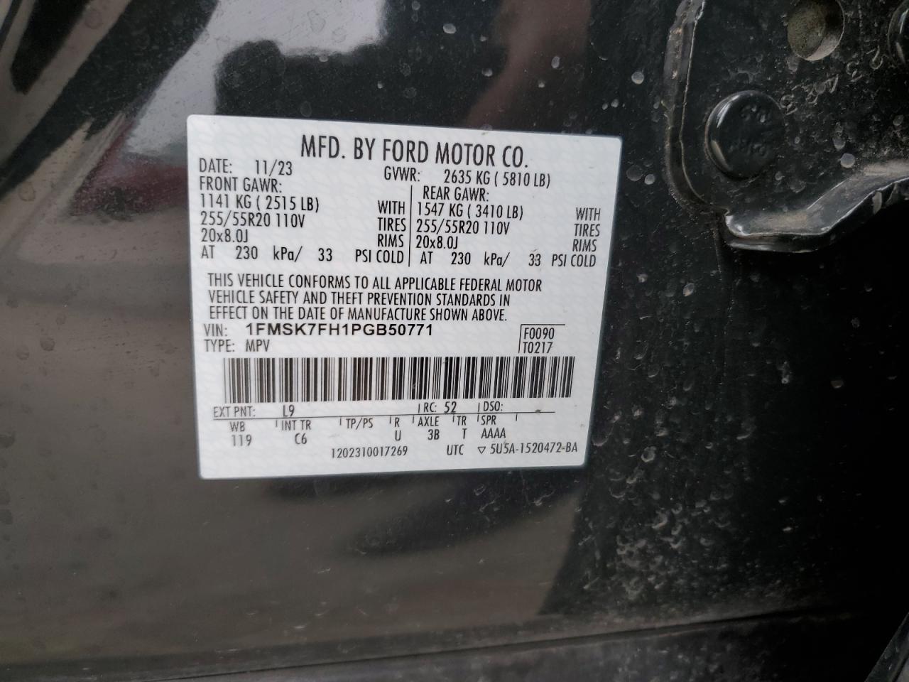 2023 Ford Explorer VIN 1FMSK7FH1PGB50771 Copart auction photo, front end / hail damage thumbnail 14