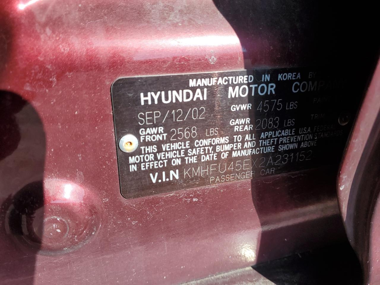 2002 Hyundai Grandeur VIN KMHFU45EX2A231152 Copart auction photo, rear end damage thumbnail 14