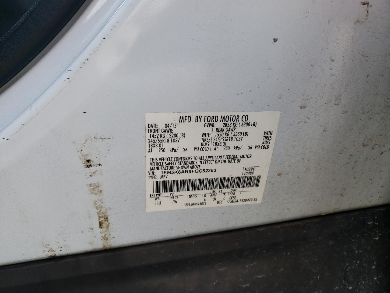 2015 Ford Explorer VIN 1FM5K8AR9FGC52353 Copart auction photo, side / front end damage thumbnail 15