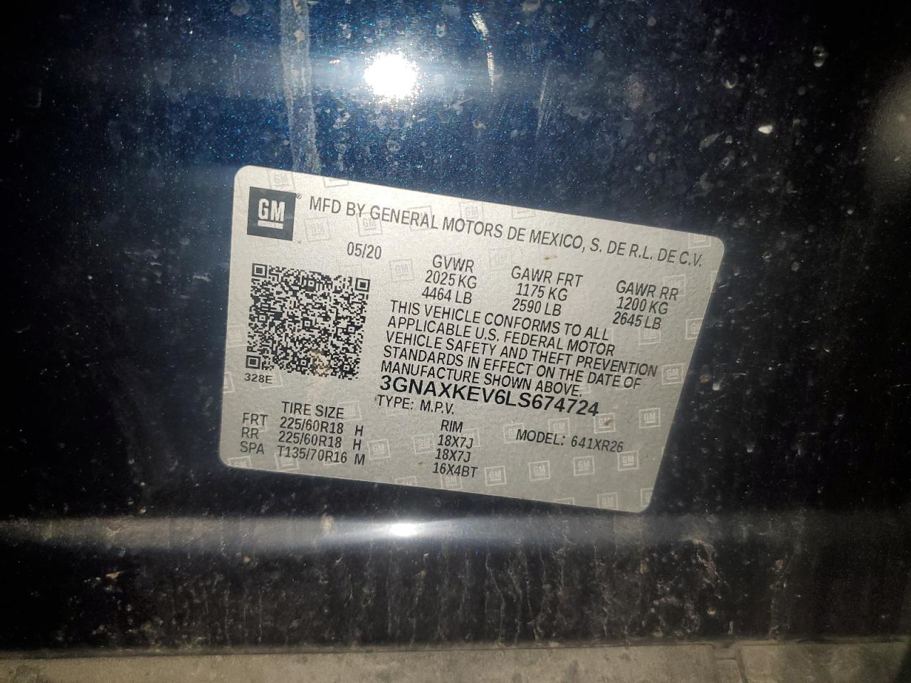 2020 Chevrolet Equinox VIN 3GNAXKEV6LS674724 Copart auction photo, front end / minor dent/scratches damage thumbnail 13
