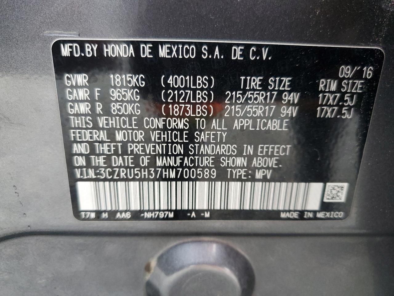 2017 Honda HR-V VIN 3CZRU5H37HM700589 Copart auction photo, front end damage thumbnail 16