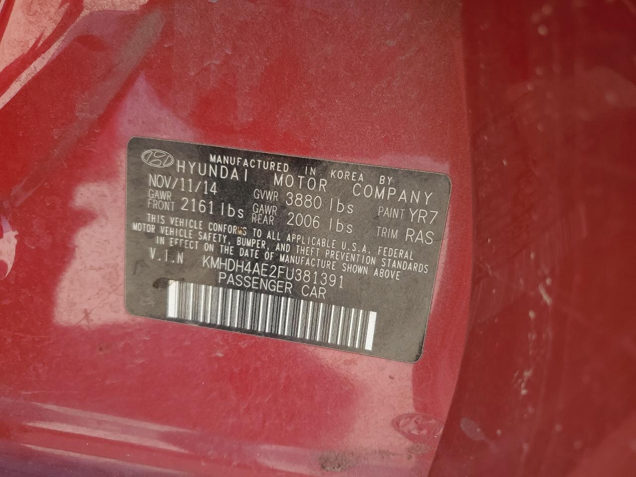 2015 Hyundai Elantra VIN KMHDH4AE2FU381391 Copart auction photo, front end / side damage thumbnail 13