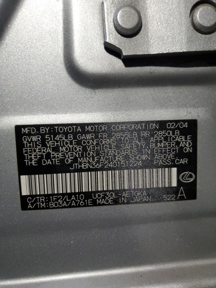 2004 Lexus LS VIN JTHBN36F240151224 Copart auction photo, rear end damage thumbnail 15