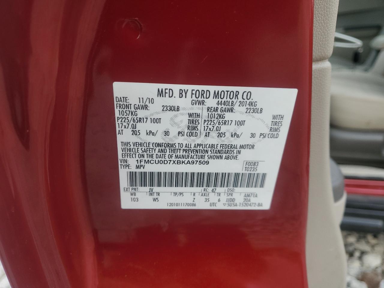 2011 Ford Escape VIN 1FMCU0D7XBKA97509 Copart auction photo, all over damage thumbnail 13