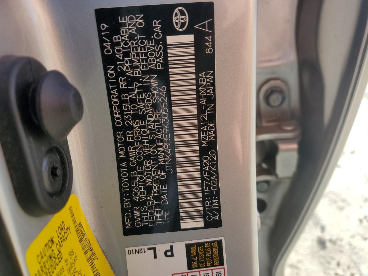 2019 Toyota Corolla VIN JTNK4RBE9K3055246 Copart auction photo, rear end damage thumbnail 12