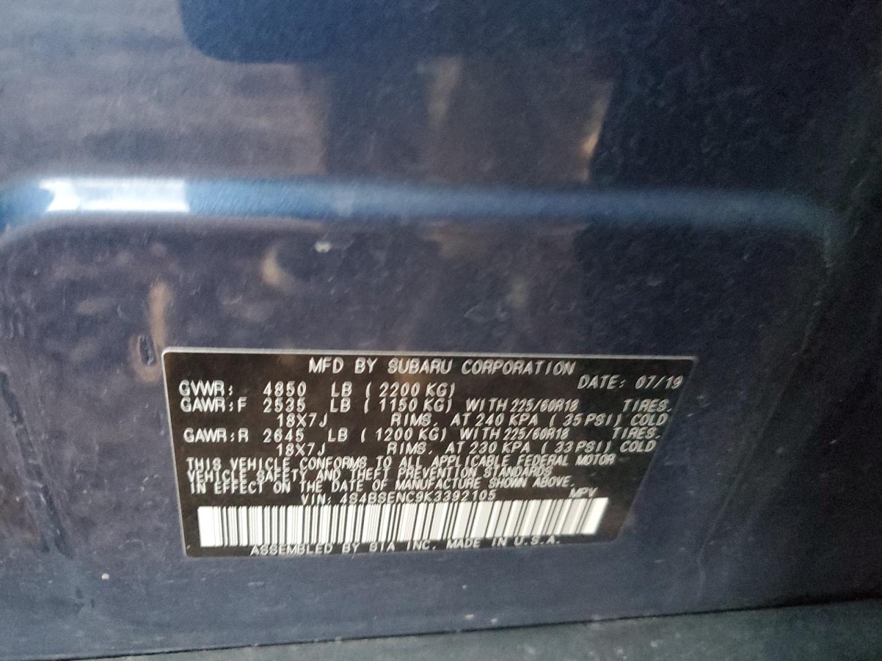 2019 Subaru Outback VIN 4S4BSENC9K3392105 Copart auction photo, hail / side damage thumbnail 13