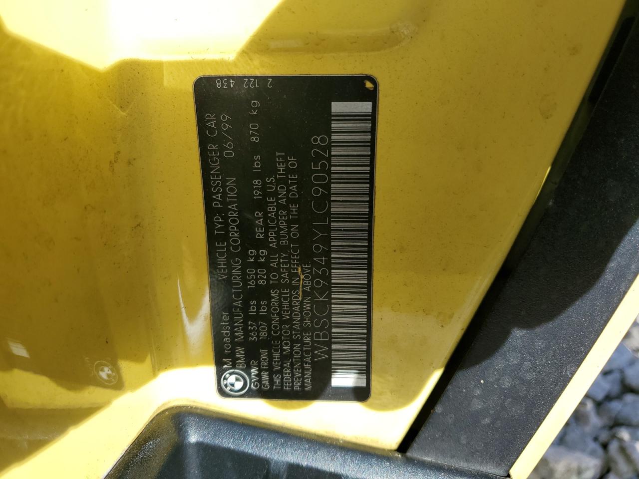 2000 BMW M3 VIN WBSCK9349YLC90528 Copart auction photo, front end damage thumbnail 12