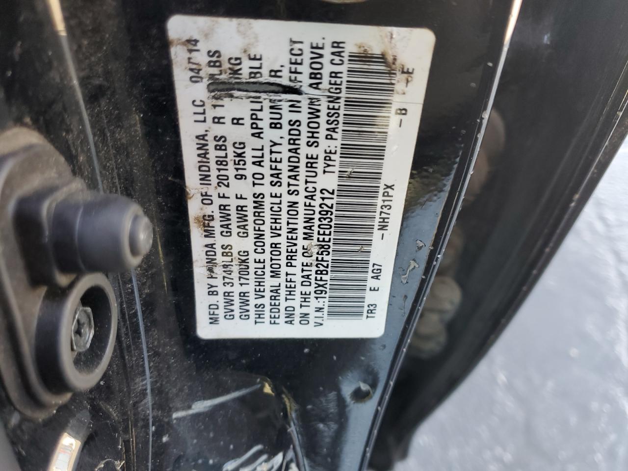 2014 Honda Civic VIN 19XFB2F58EE039212 Copart auction photo, rear end damage thumbnail 12