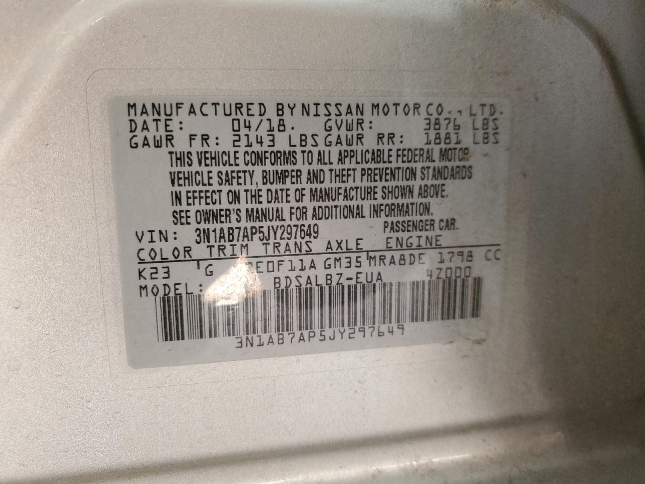2018 Nissan Sentra VIN 3N1AB7AP5JY297649 Copart auction photo, side damage thumbnail 14