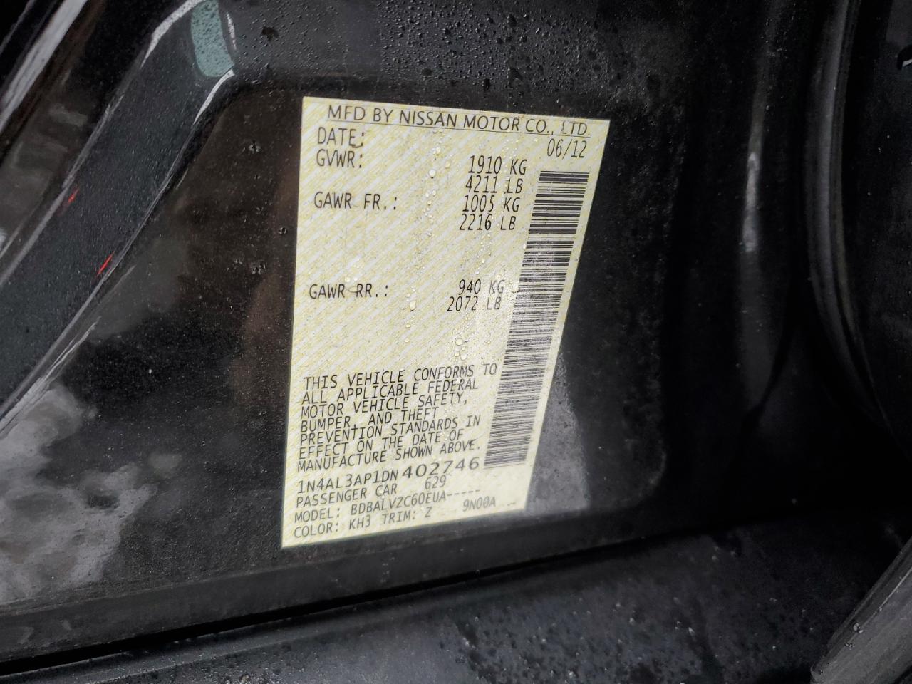 2013 Nissan Altima VIN 1N4AL3AP1DN402746 Copart auction photo, front end damage thumbnail 12
