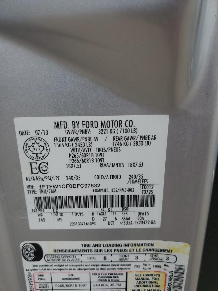 2013 Ford F-150 VIN 1FTFW1CF0DFC97532 Copart auction photo, front end damage thumbnail 12