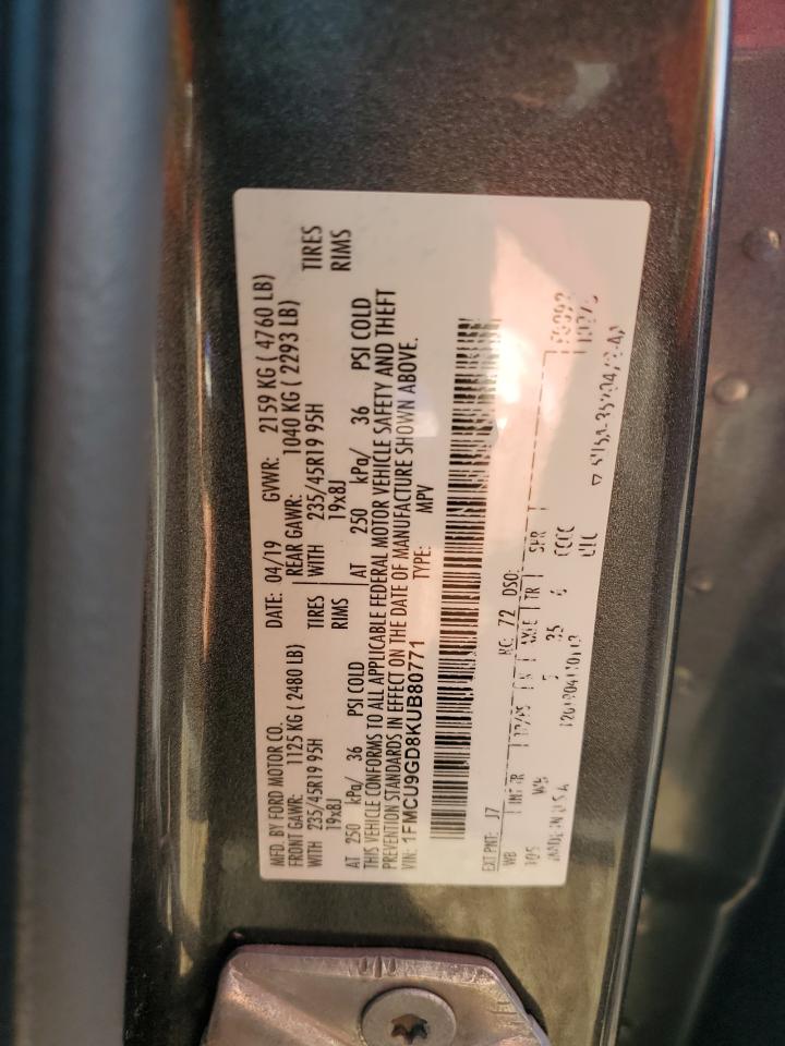2019 Ford Escape VIN 1FMCU9GD8KUB80771 Copart auction photo, front end / side damage thumbnail 15